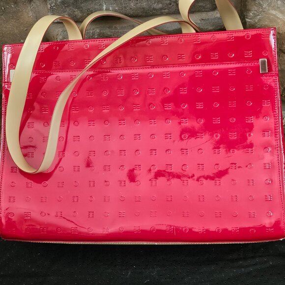 Arcadia Red Logo Embossed Leather Tan Trim Double Handle Tote Bag - Picture 7 of 7